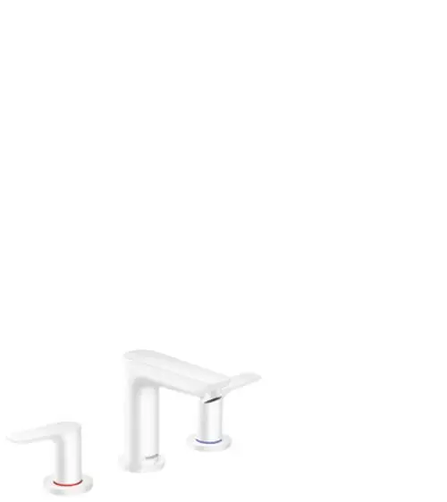 Dreiarmige Waschtischarmatur in Mattweiß von Hansgrohe mit zwei kleinen Bedienelementen und einem zentralen Wasserhahn, als Teil eines modernen Armaturendesigns.